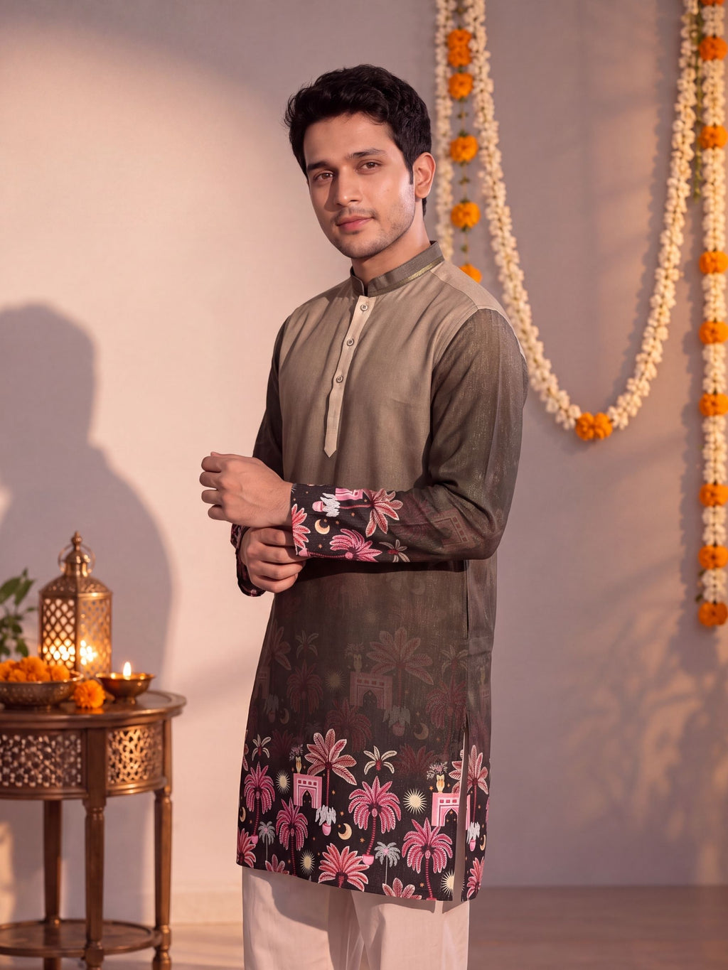 Olive Daman Work – Textured Printed Long Kurta