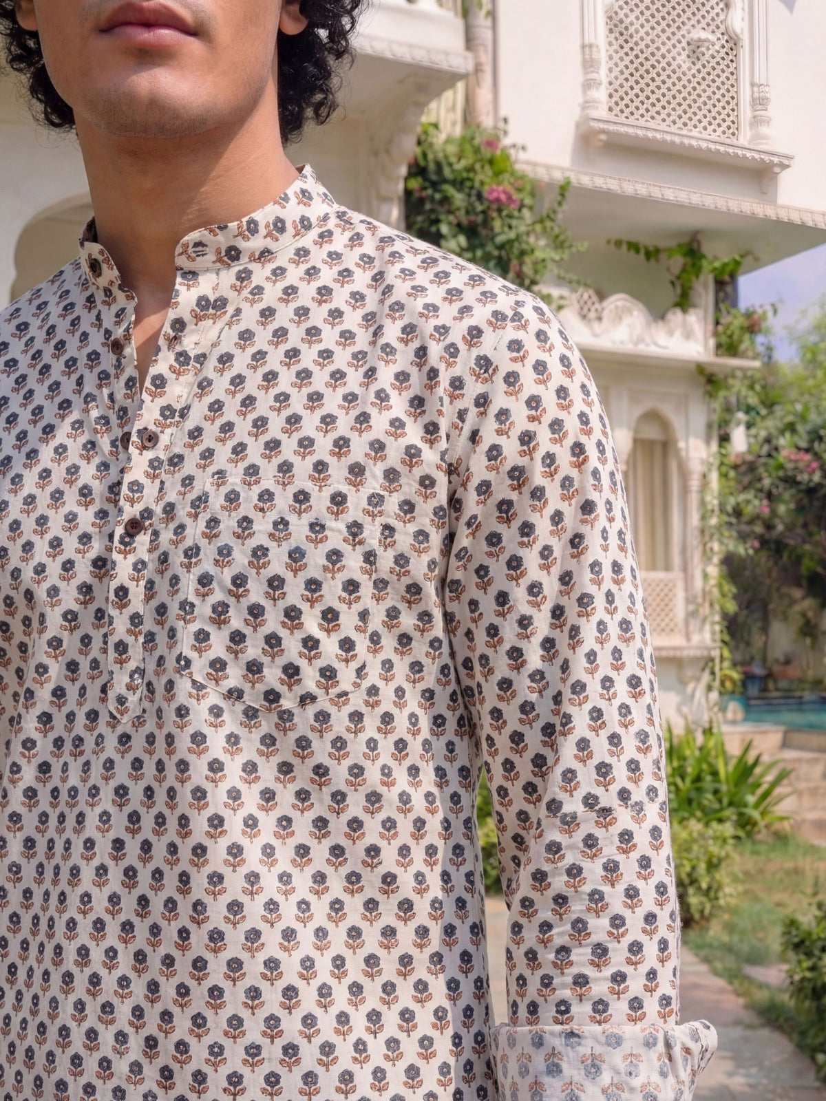 Floral Charm – Printed Cotton Short Kurta in Cream & Blue