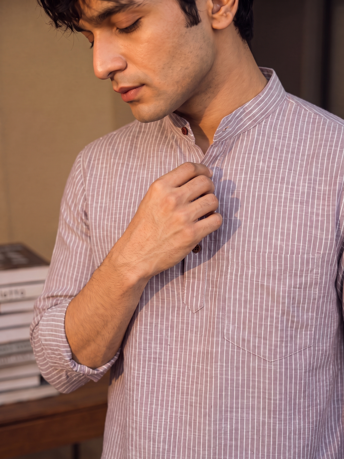 Elegant Stripes – Men's Printed Cotton Short Kurta