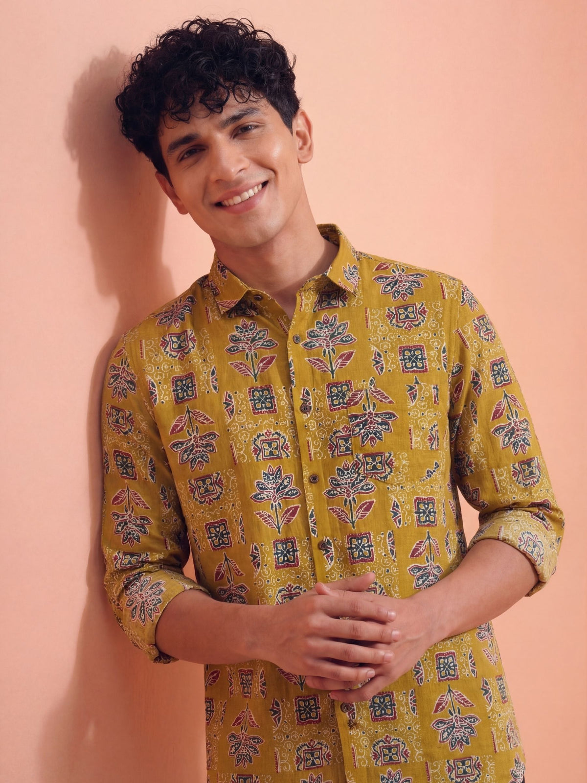 Floral Elegance – Printed Cotton Full Sleeve in Mustard