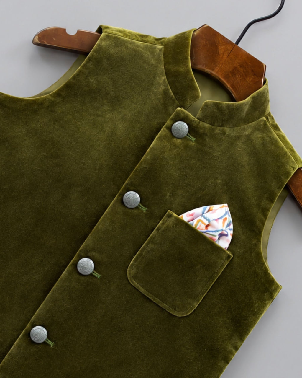 Stylish Kid's Nehru Jacket in Velvet Green
