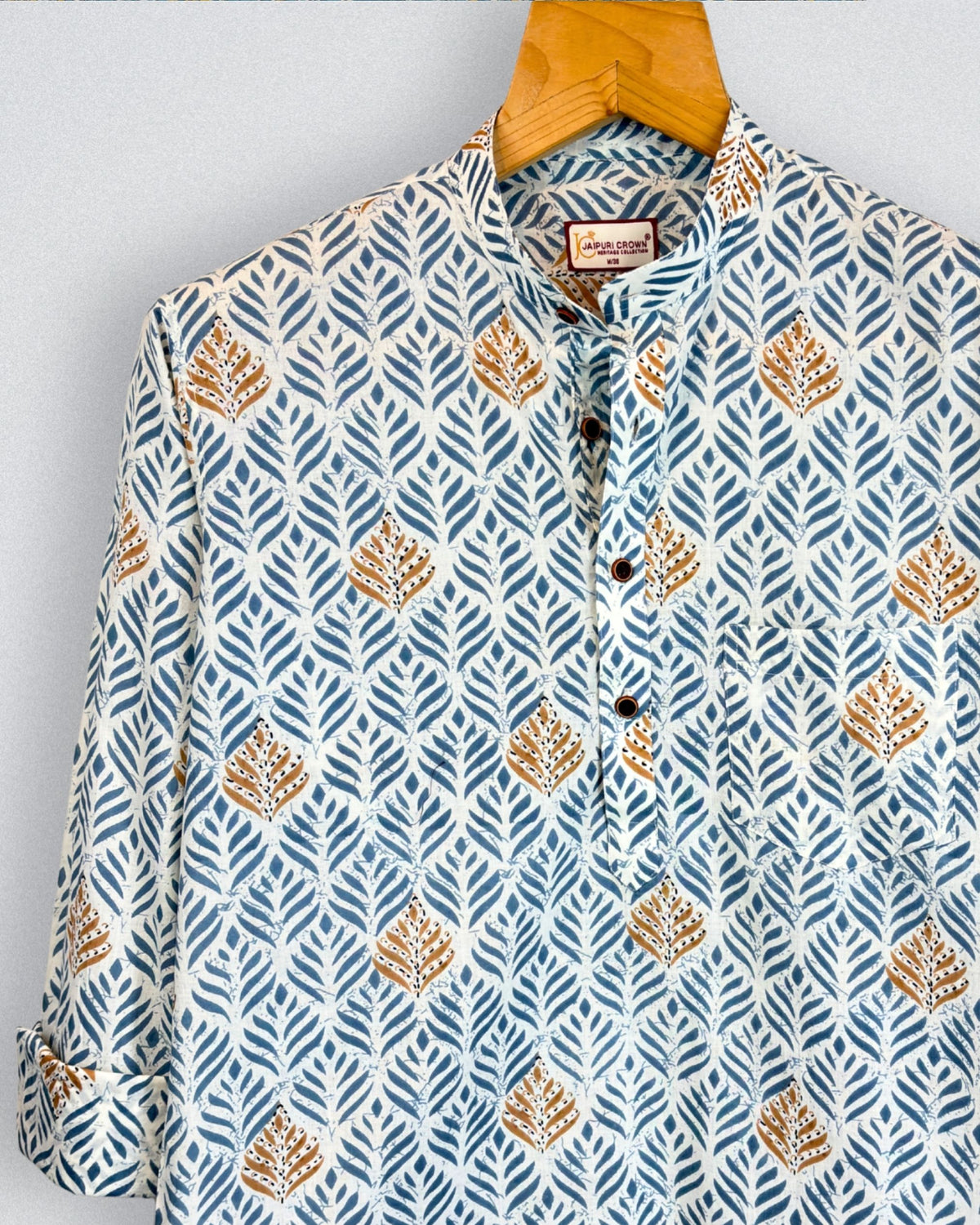 Nature's Touch – Printed Cotton Short Kurta in Blue & Gold