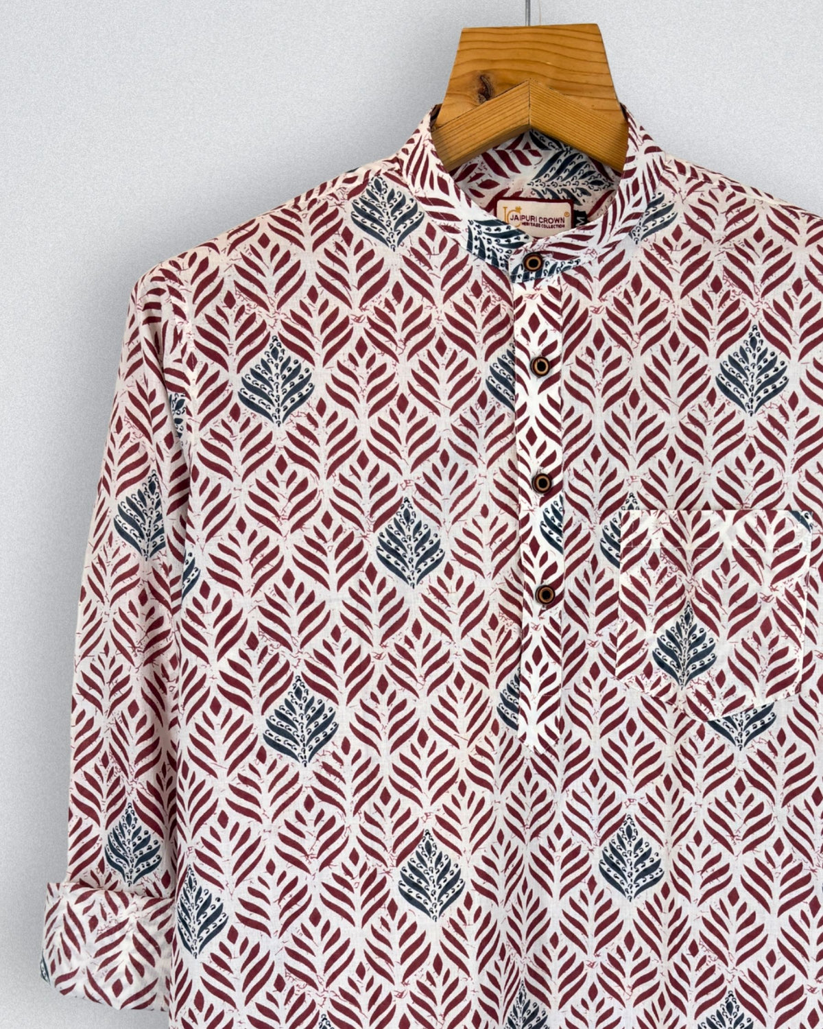 Leafy Charm – Printed Cotton Short Kurta in Maroon & Black