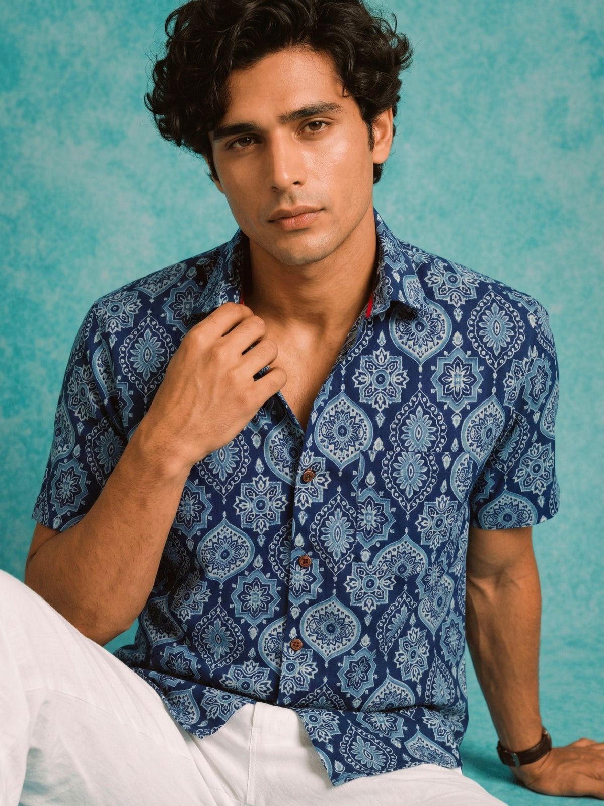 Navy Elegance – Printed Cotton Half Sleeve Shirt
