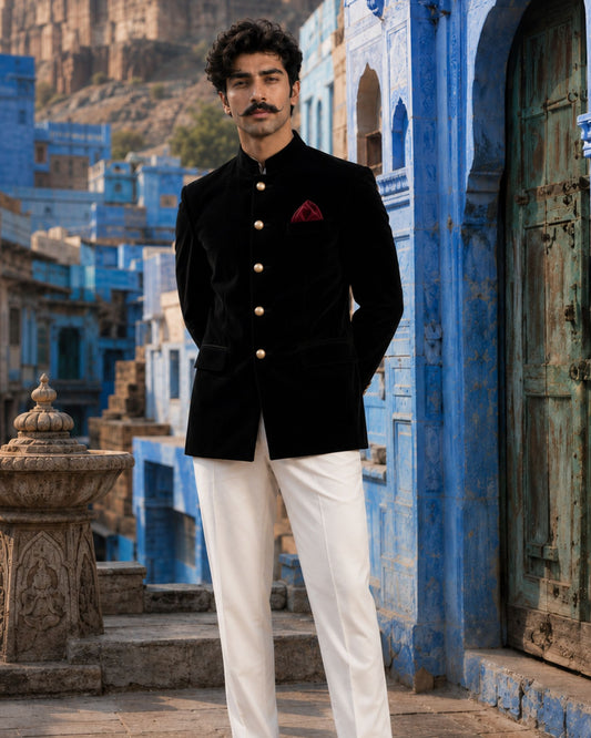 Velvet Jodhpuri Bandhgala- Black 1800