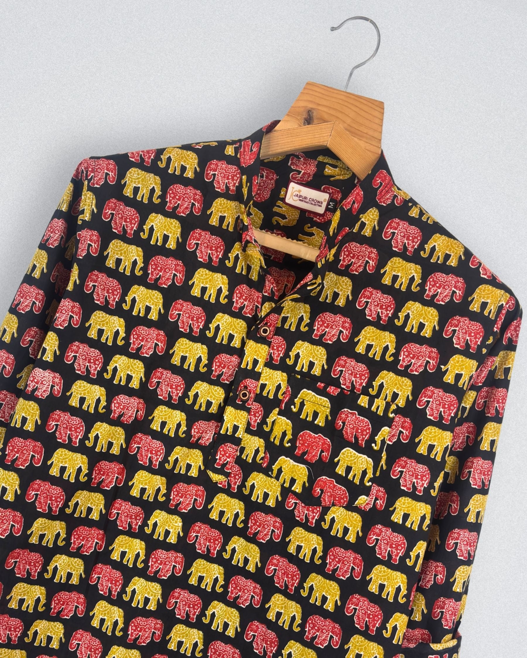 Vibrant Elephants – Cotton Short Kurta in Black & Yellow