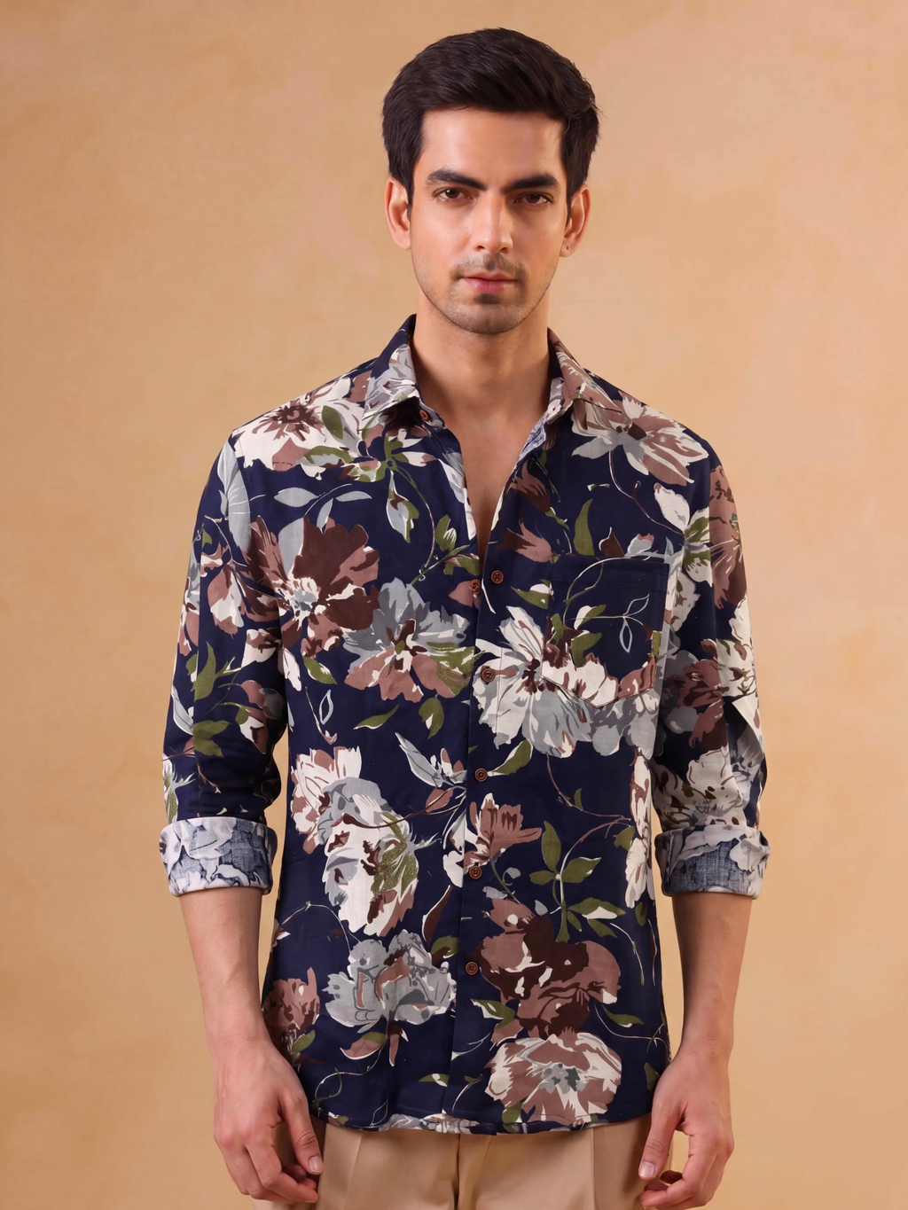 Navy Bloom – Printed Cotton Full Sleeve Shirt
