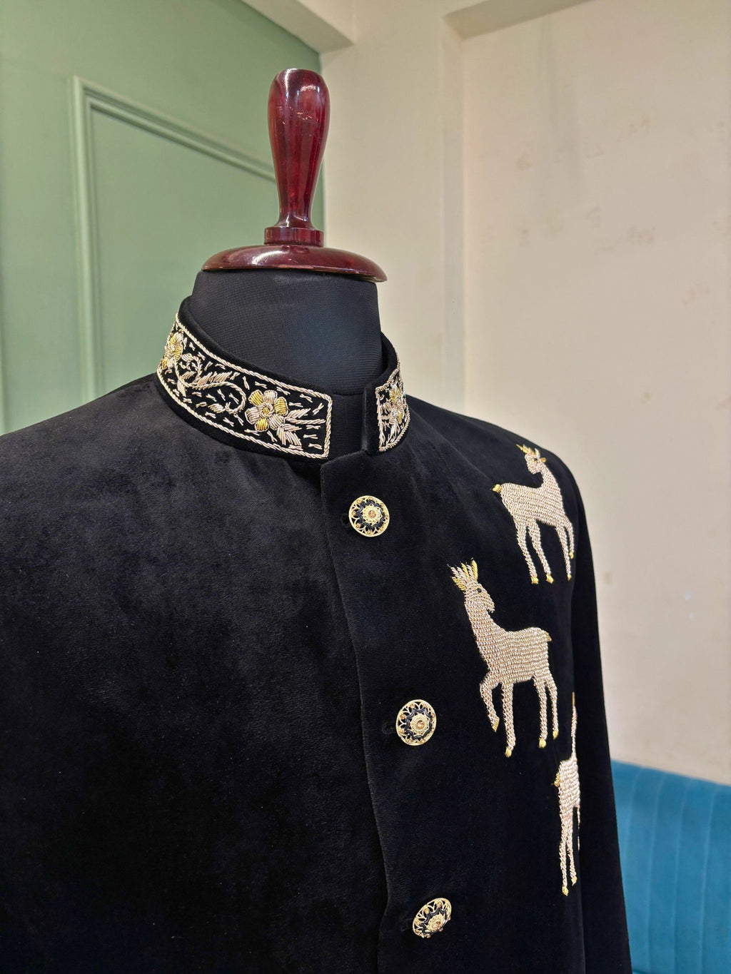 Royal Black Velvet Deer Embroidered Jodhpuri Bandhgala