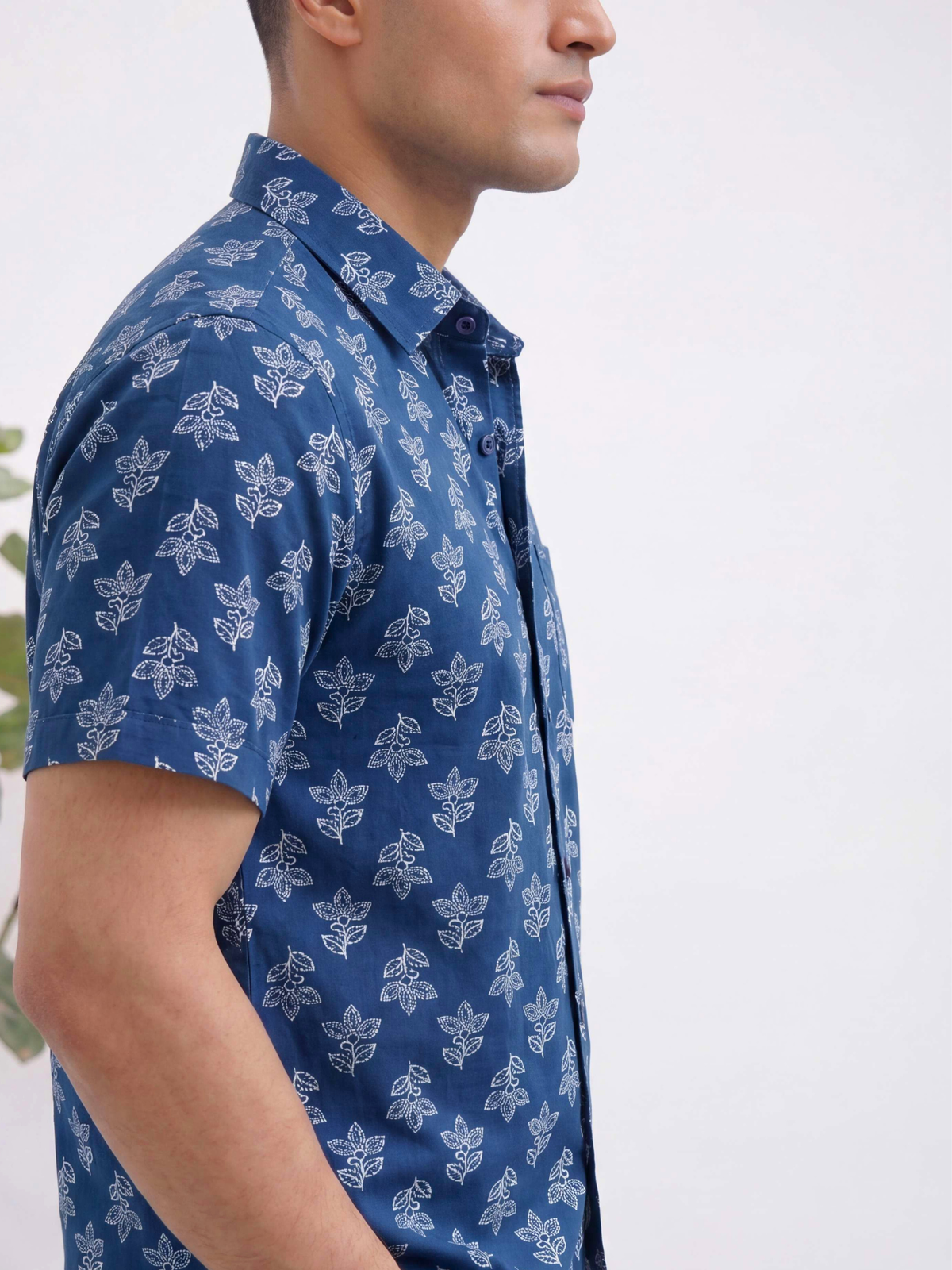 Navy Leaf Delight – Printed Cotton Half Sleeve Shirt
