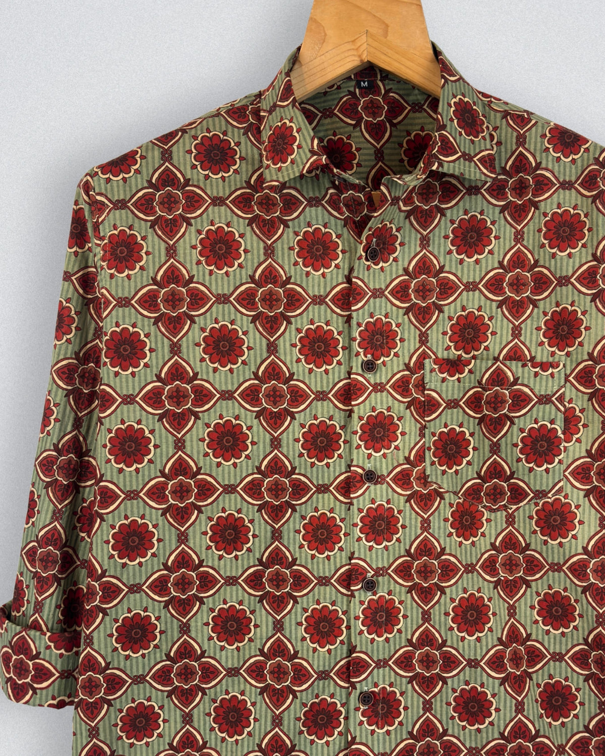 Blossom Charm – Printed Cotton Full Sleeve in Green & Red