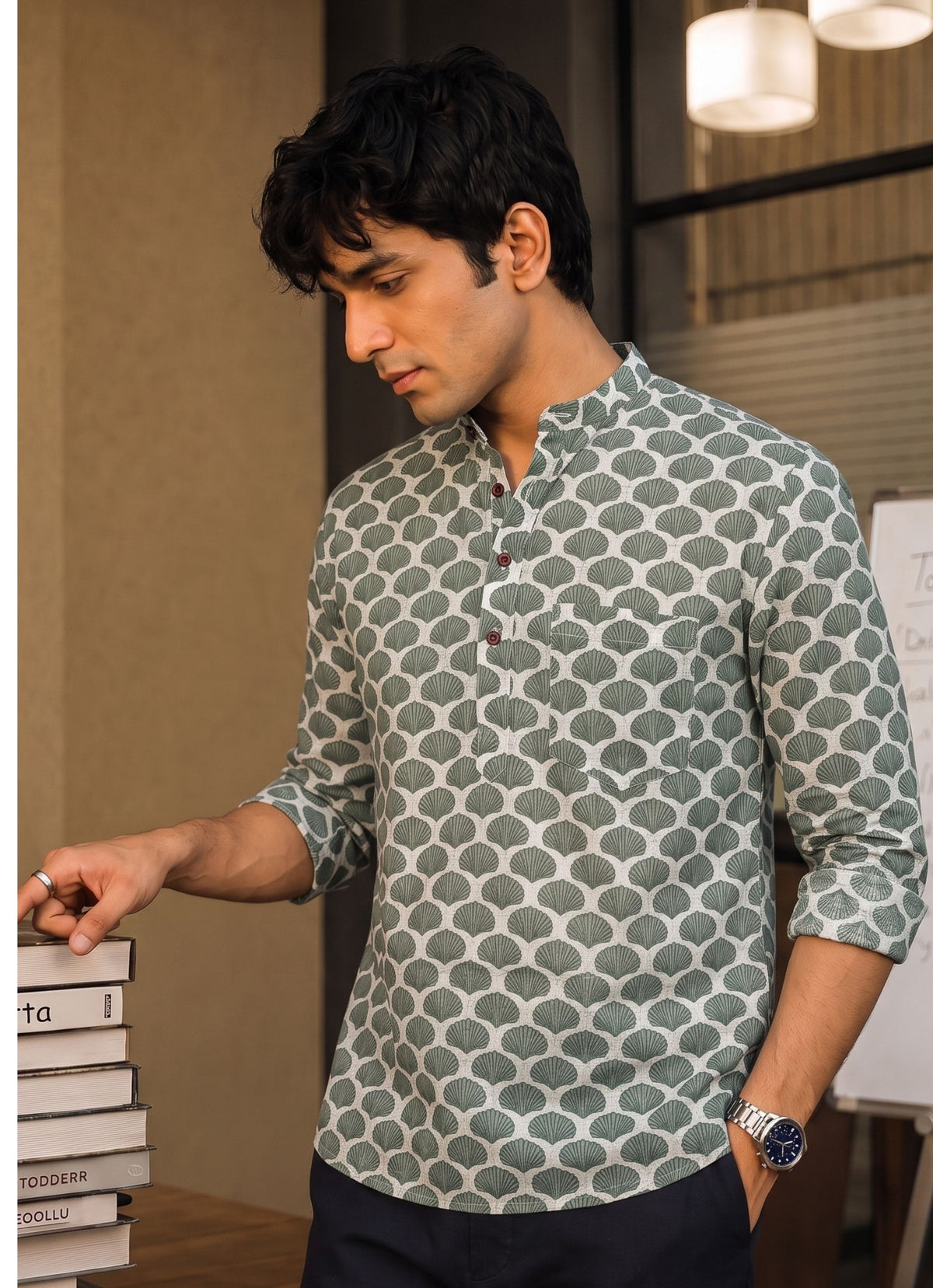 Leafy Elegance – Printed Cotton Short Kurta