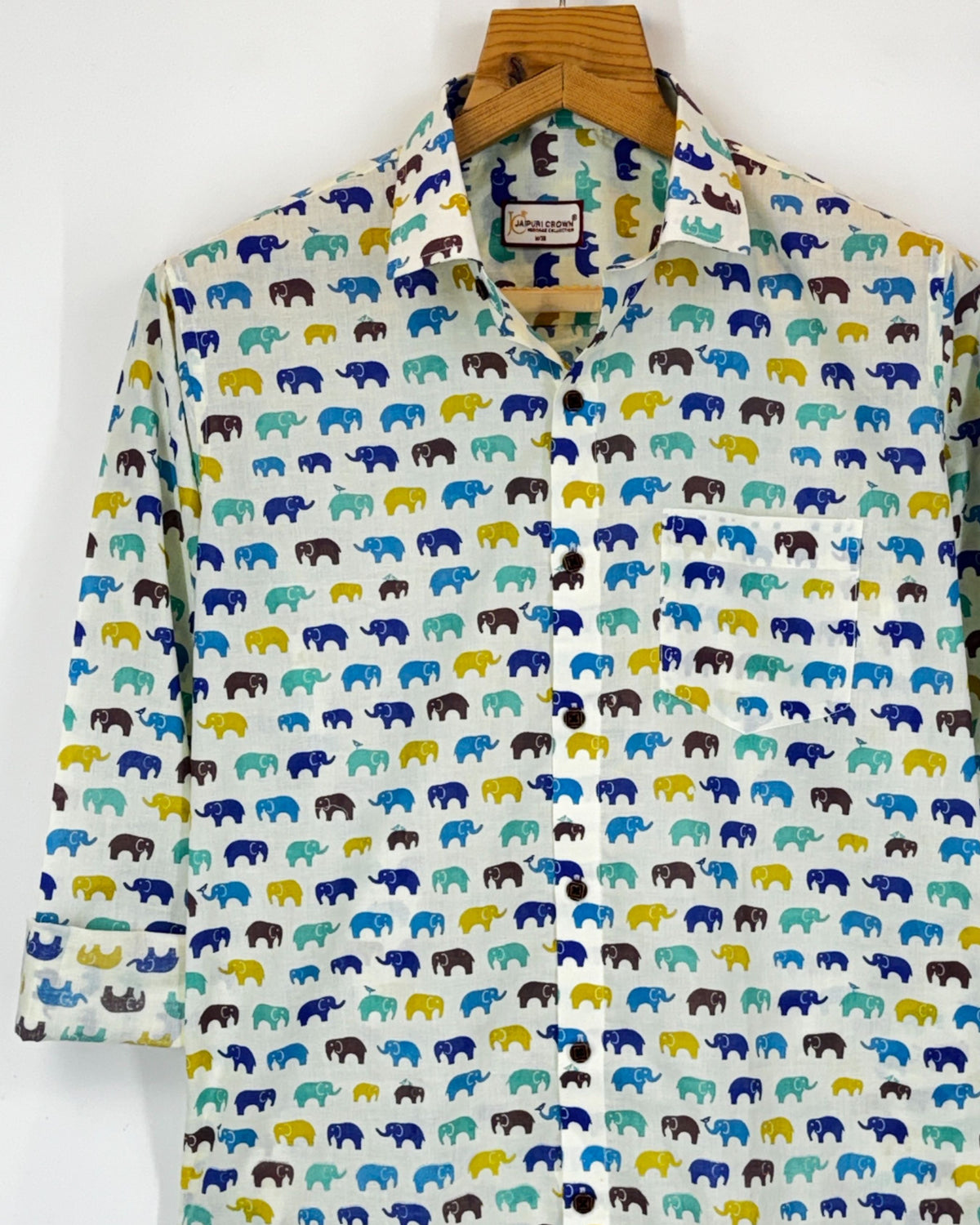 Rainbow Walk Elephants – Full Sleeve Cotton Shirt in Cream & Blue
