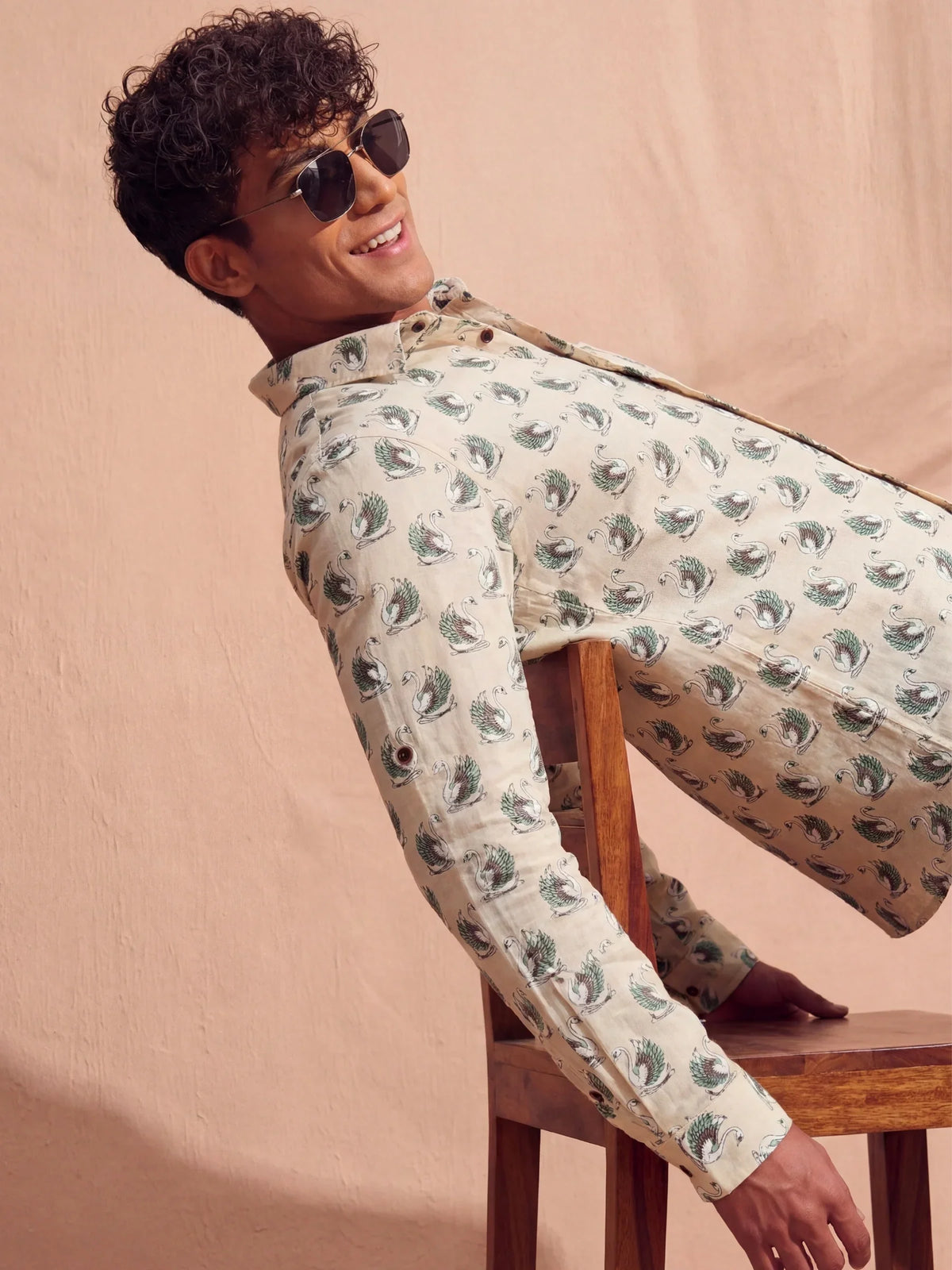 Swan Dance – Printed Cotton Full Sleeve in Beige & Green