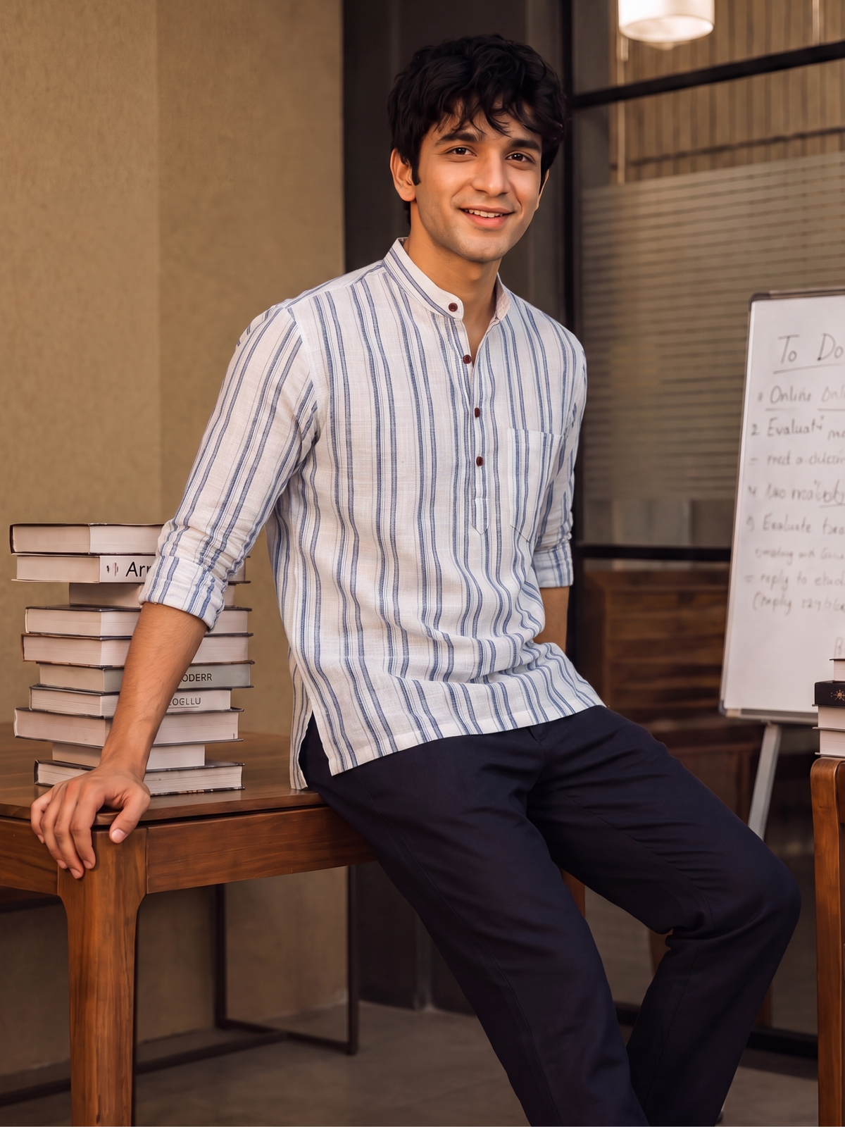 Elegance in Stripes – Men's Cotton Short Kurta