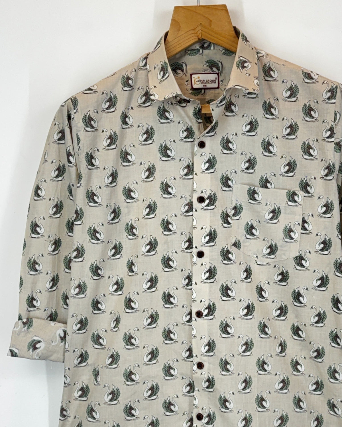 Swan Dance – Printed Cotton Full Sleeve in Beige & Green