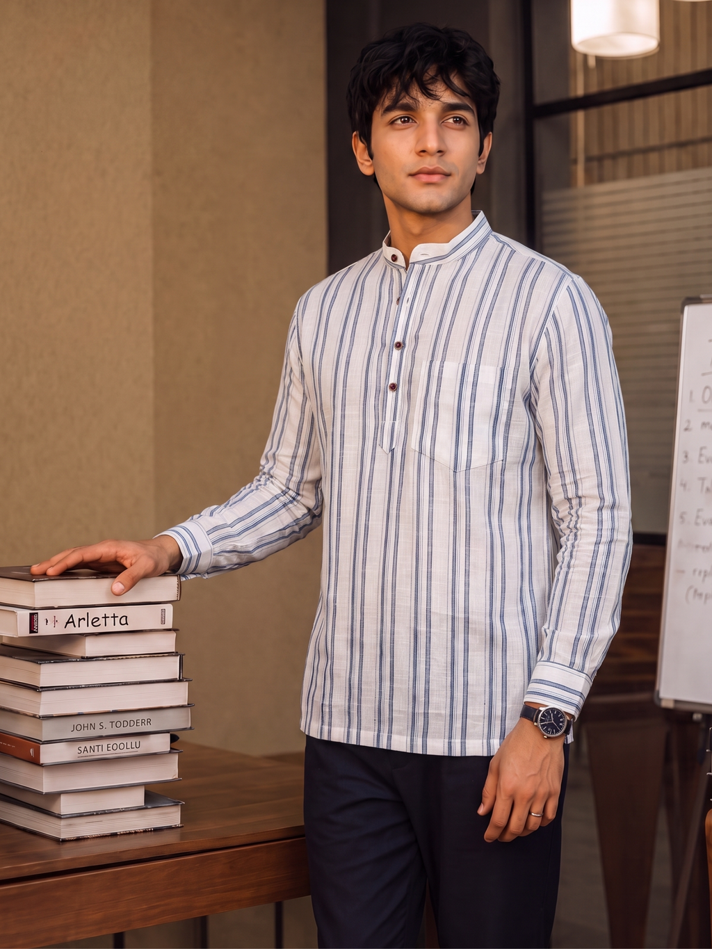Elegance in Stripes – Men's Cotton Short Kurta