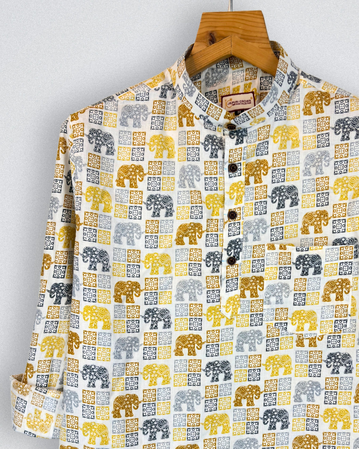 Elephant Charm – Printed Cotton Short Kurta in Yellow & Grey