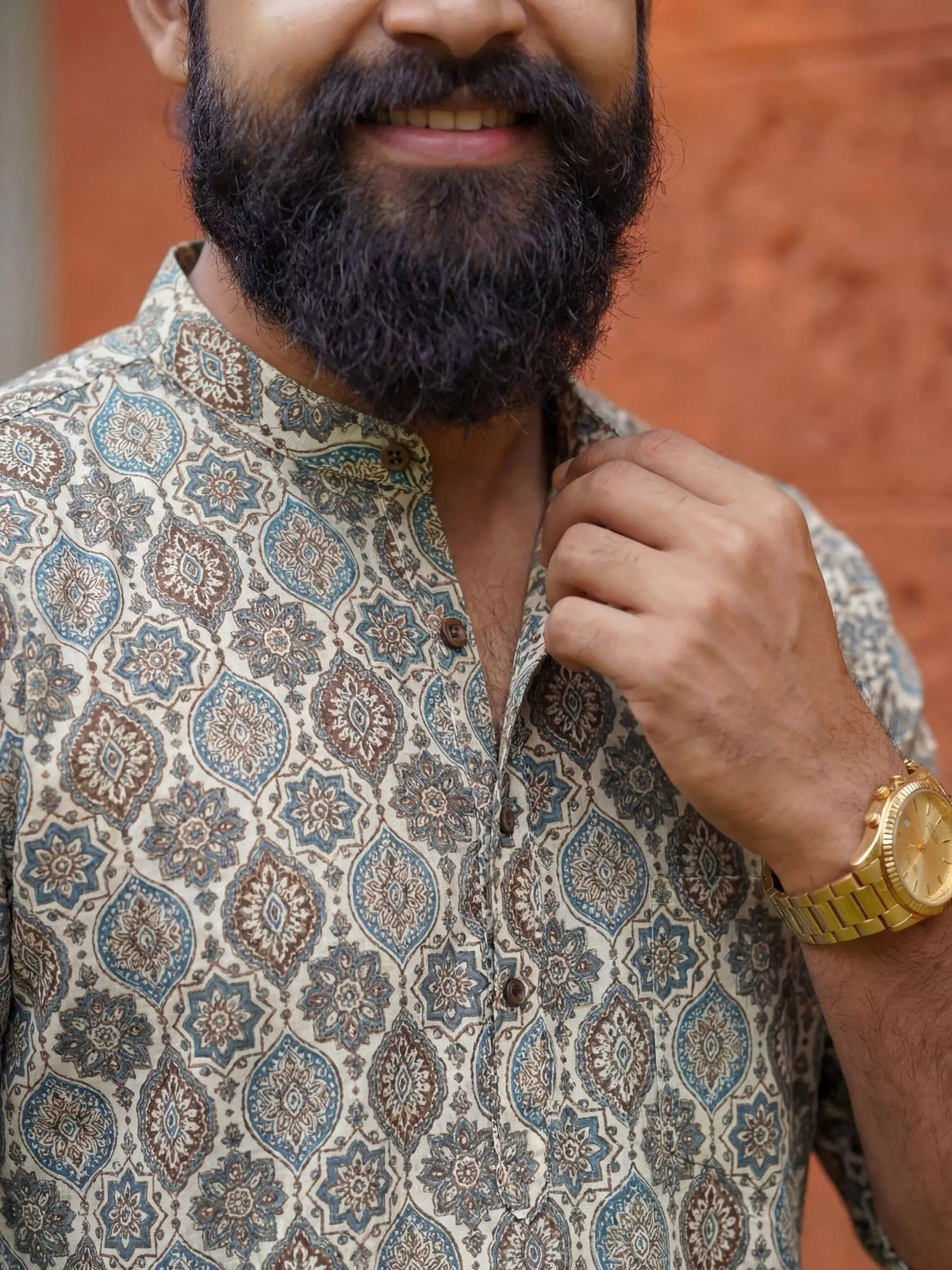 Brown & Blue Charm – Printed Cotton Short Kurta