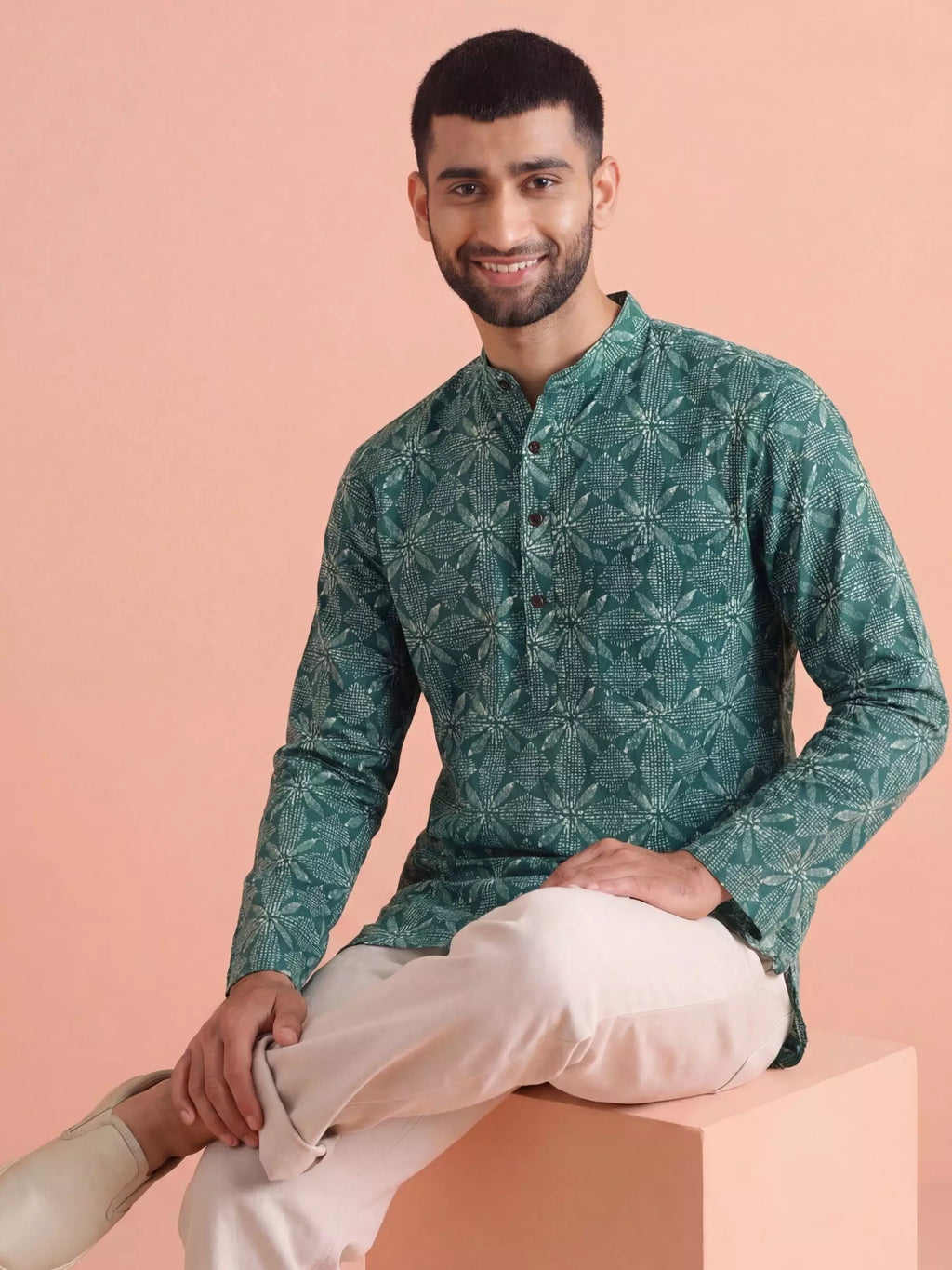 Geometric Charm – Printed Cotton Short Kurta in Teal & White