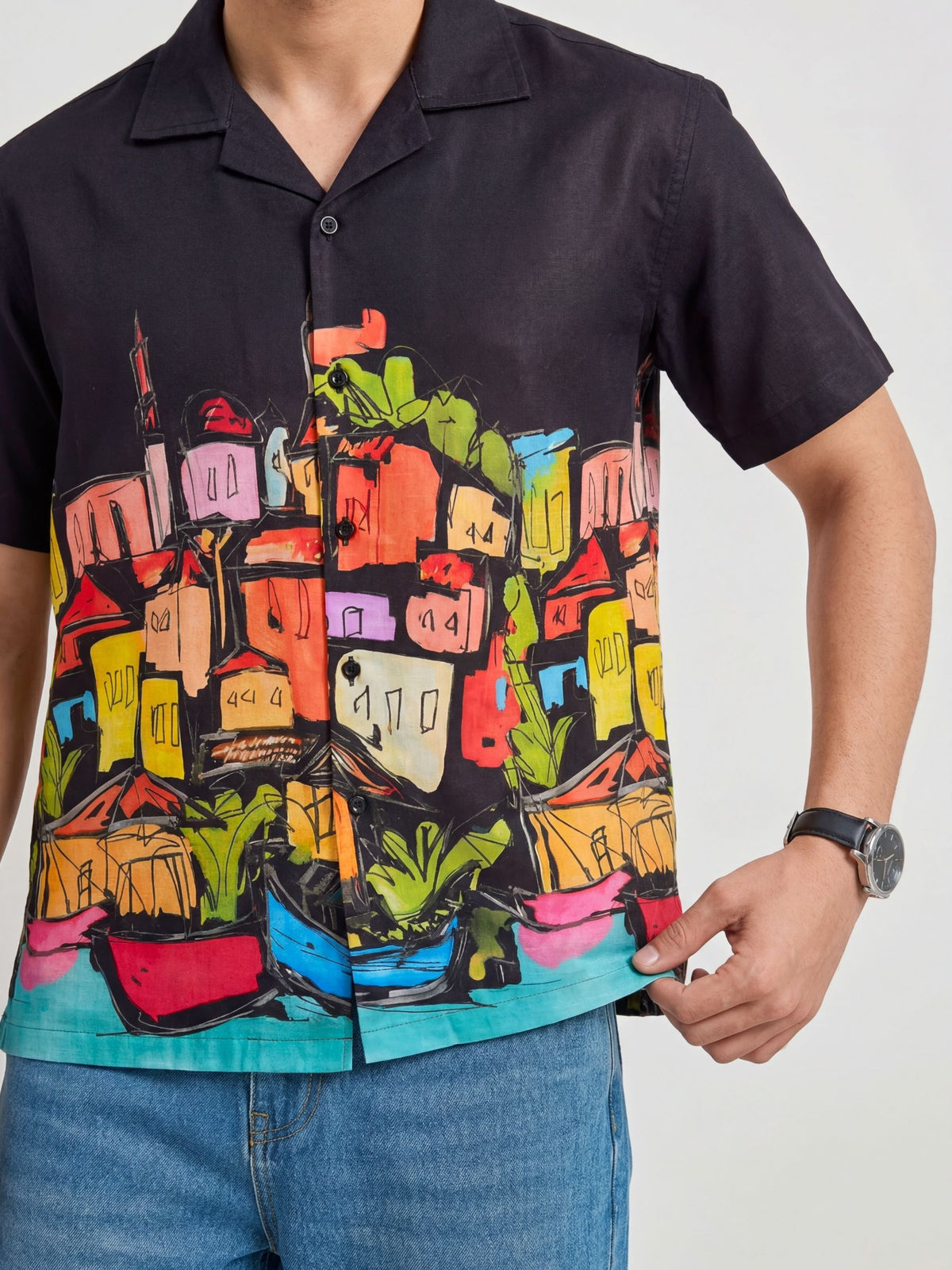 Volt Cuba — Digital Printed Cotton Cambric Cuban Collar Shirt | Jaipuri Crown