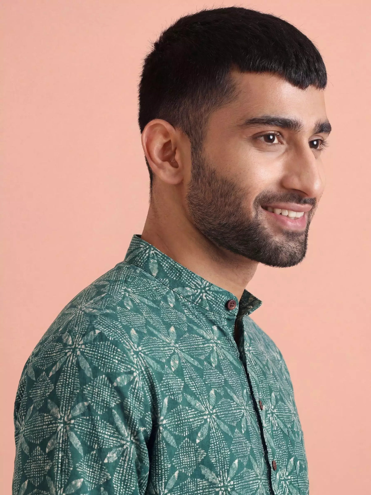 Geometric Charm – Printed Cotton Short Kurta in Teal & White