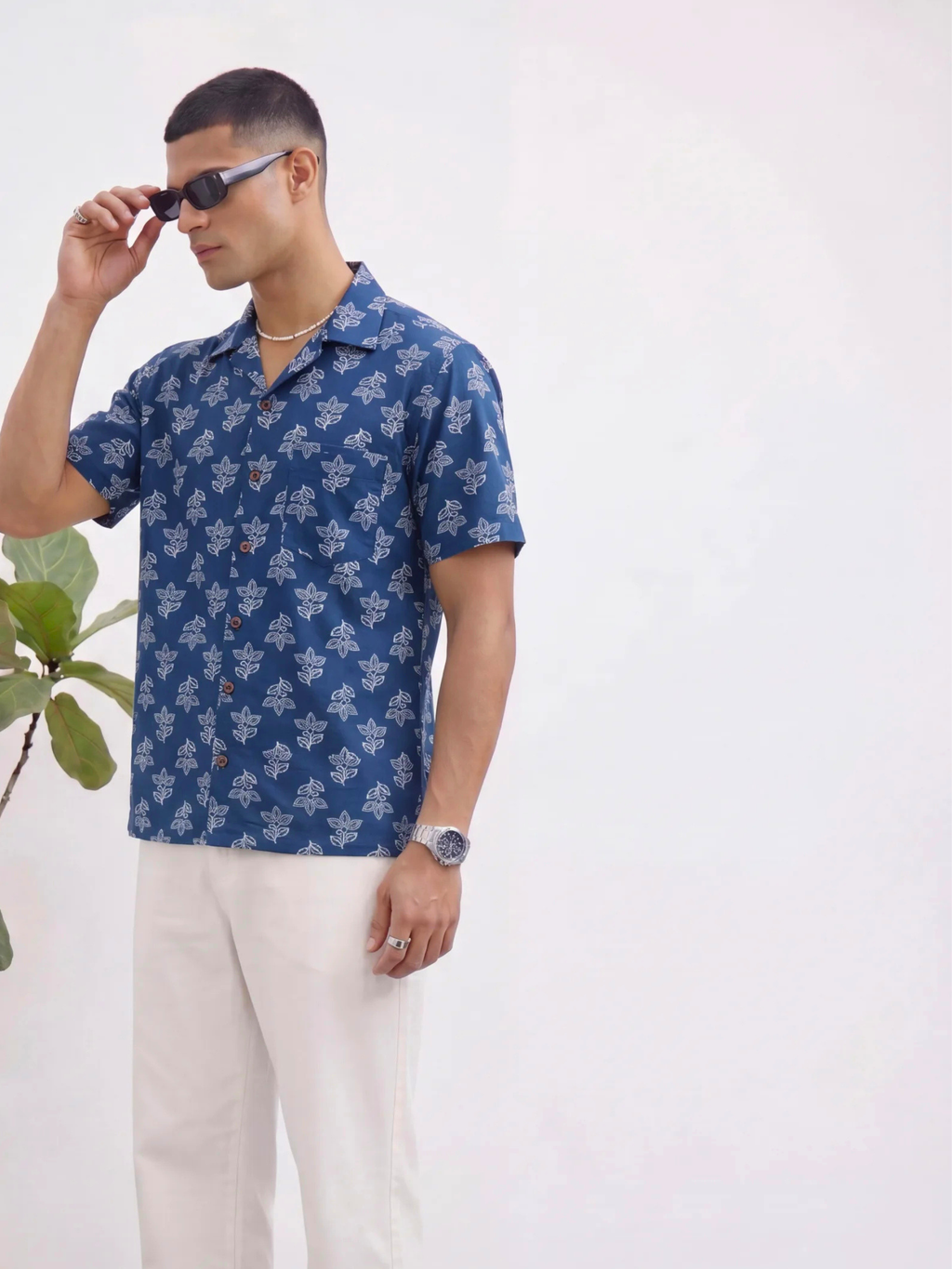 Navy Leaf Delight – Printed Cotton Half Sleeve Shirt