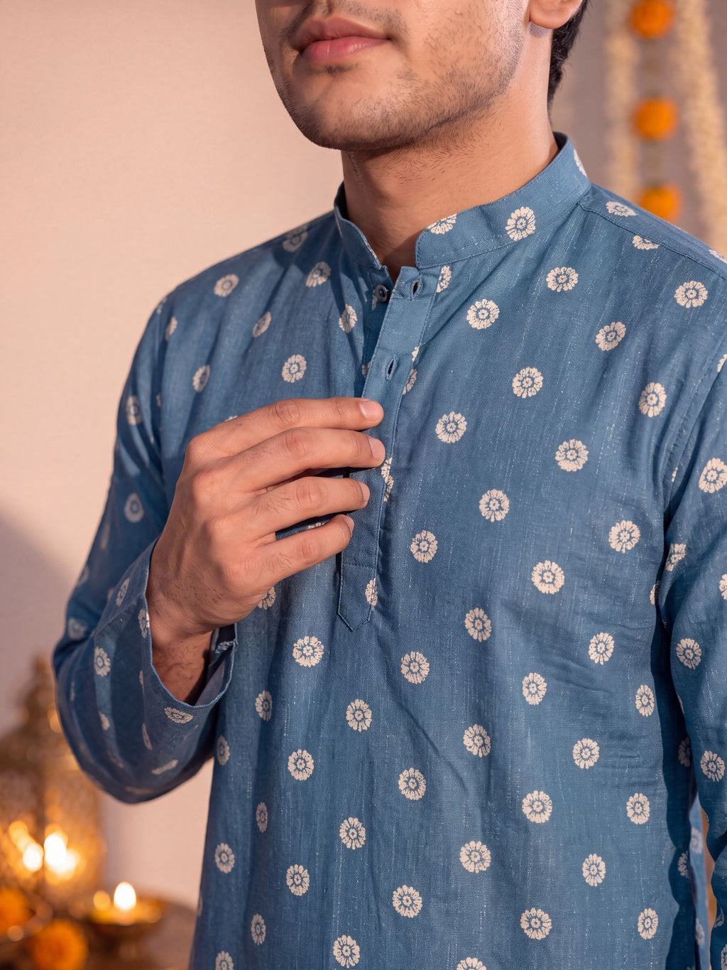 Sky Blue Floral Jaal – Daman Work Printed Long Kurta