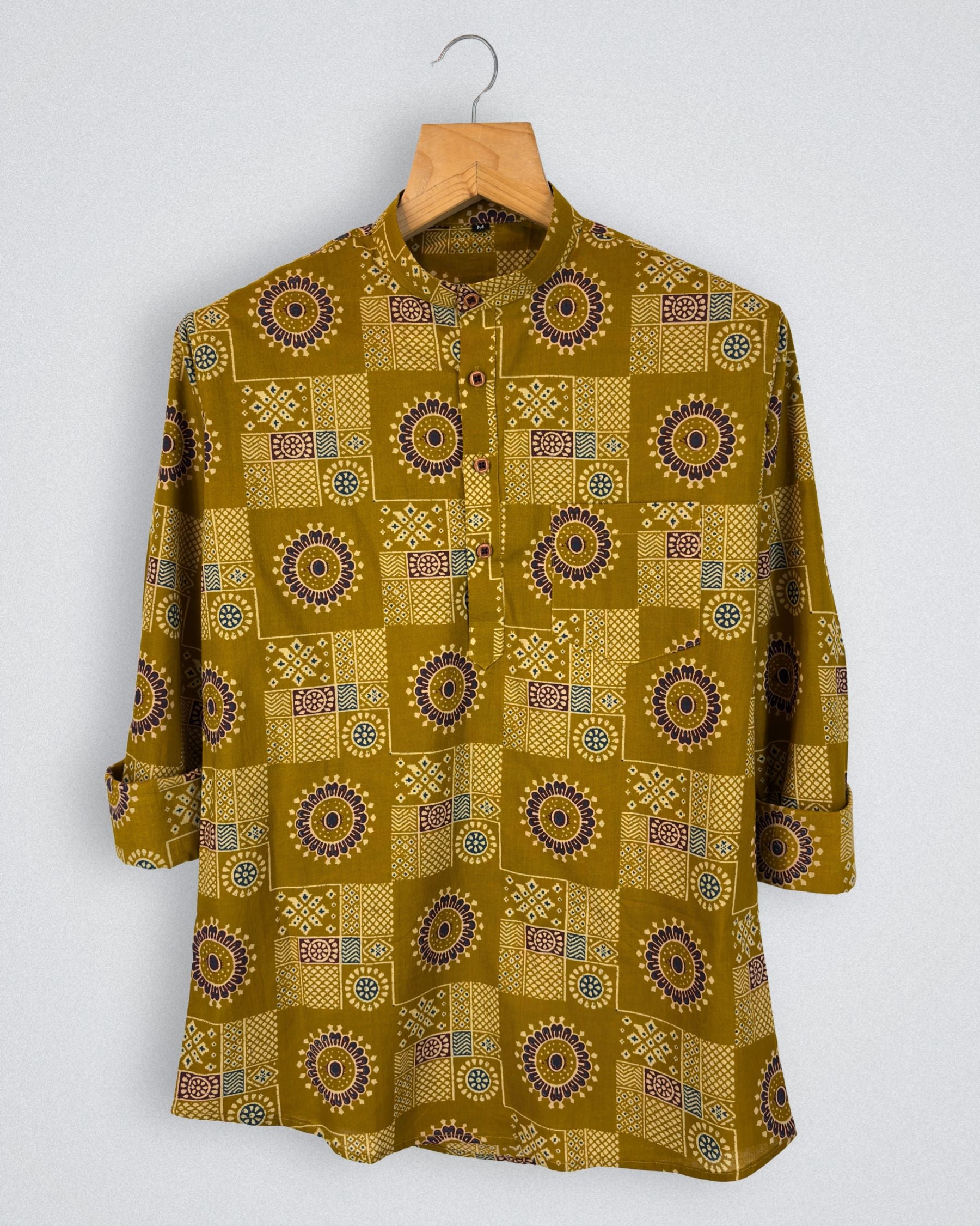 Floral Fusion – Printed Cotton Short Kurta in Mustard