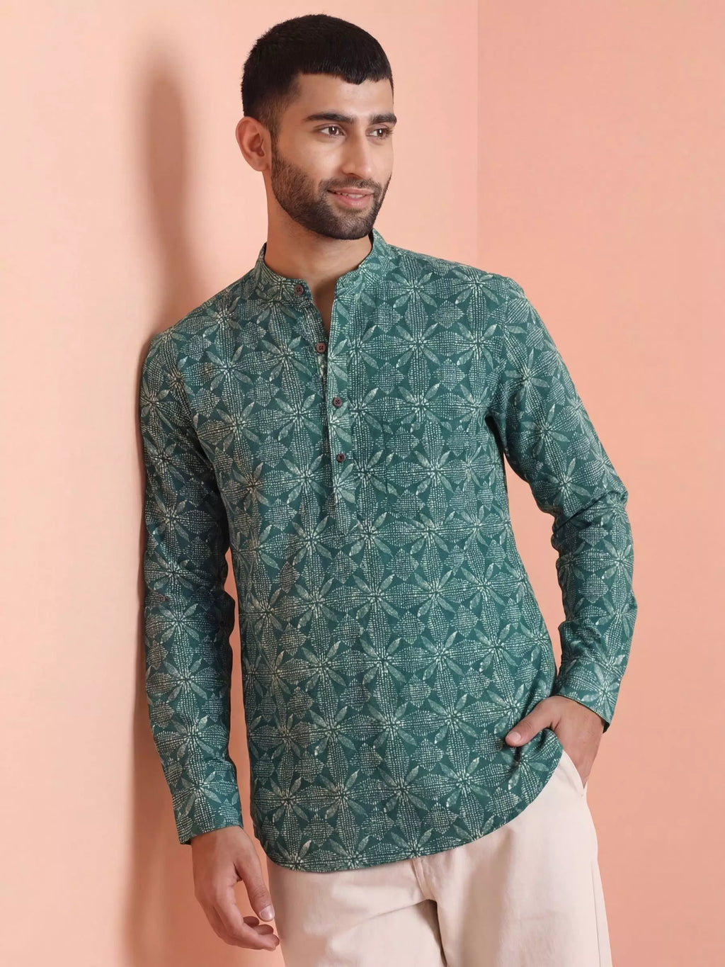 Geometric Charm – Printed Cotton Short Kurta in Teal & White