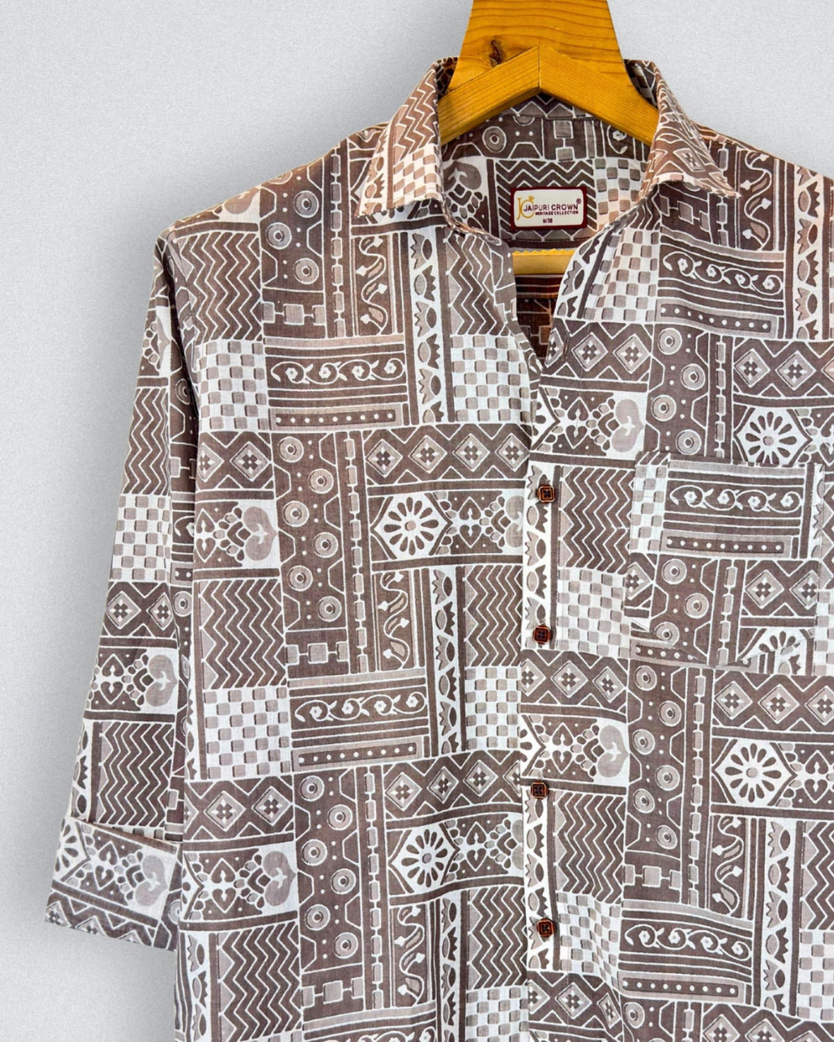 Geometric Harmony – Printed Cotton Full Sleeve in Grey & White