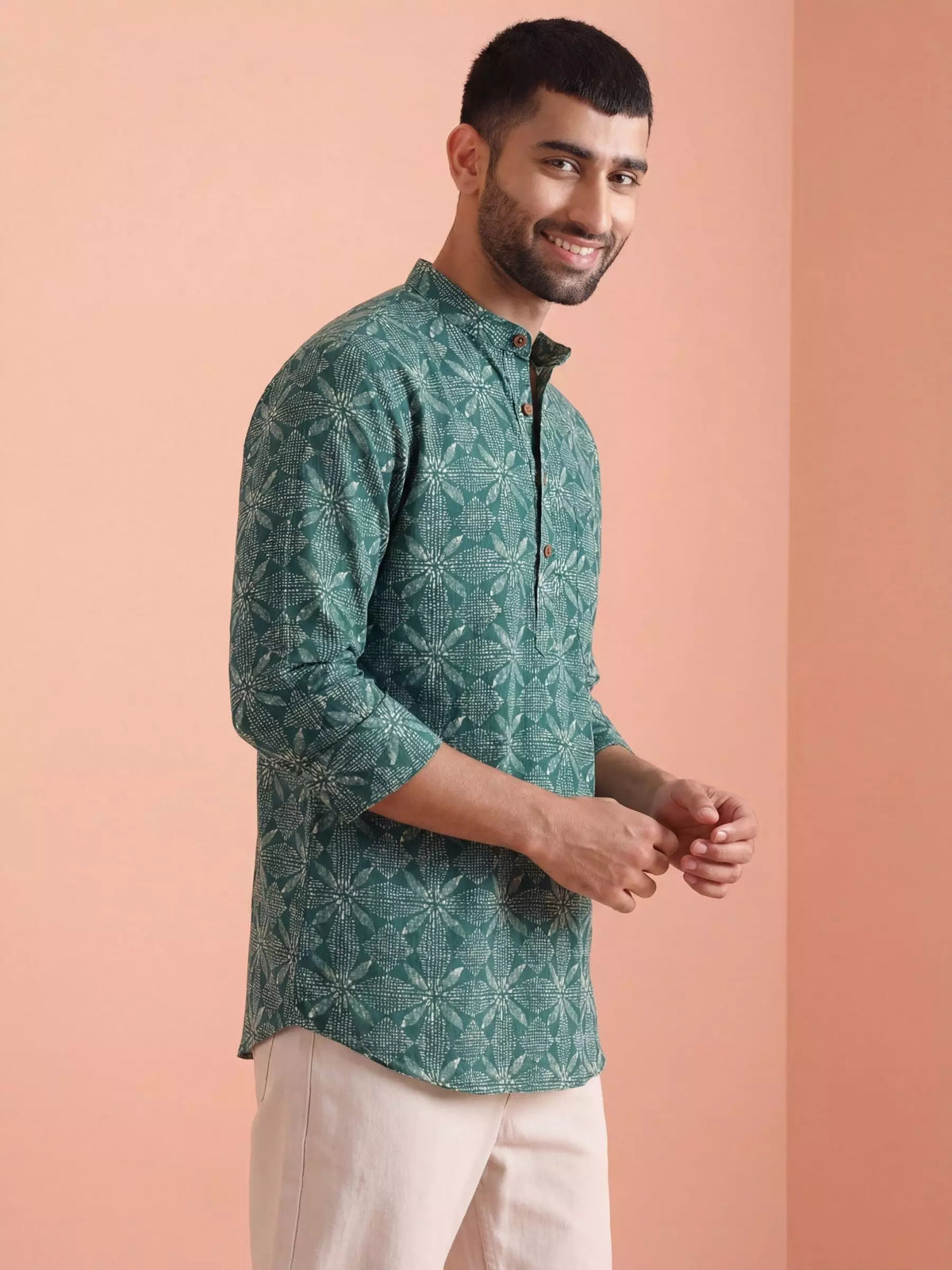 Geometric Charm – Printed Cotton Short Kurta in Teal & White