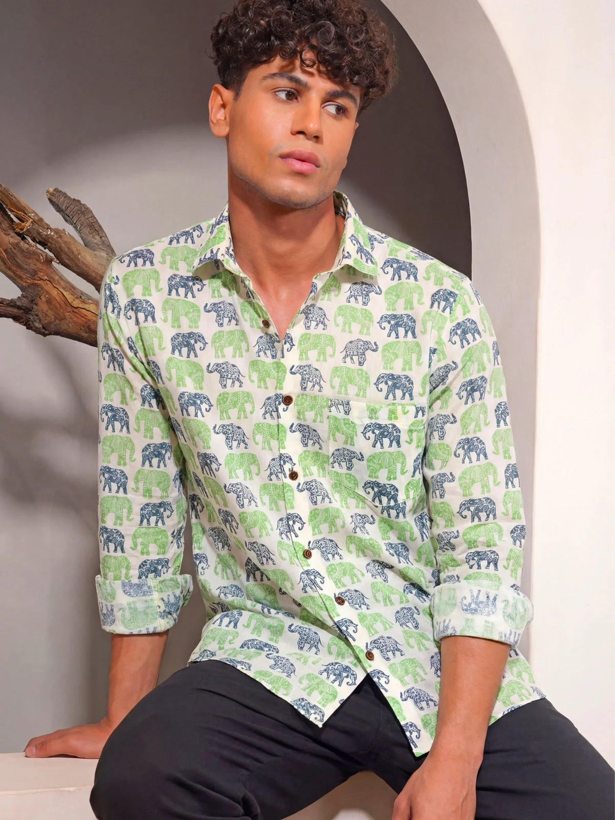 Jungle Symphony – Full Sleeve Cotton Shirt in Green & Blue