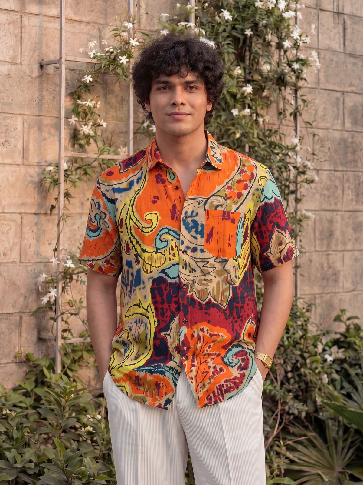 Desert Bloom – Printed Cotton Half Sleeve Shirt