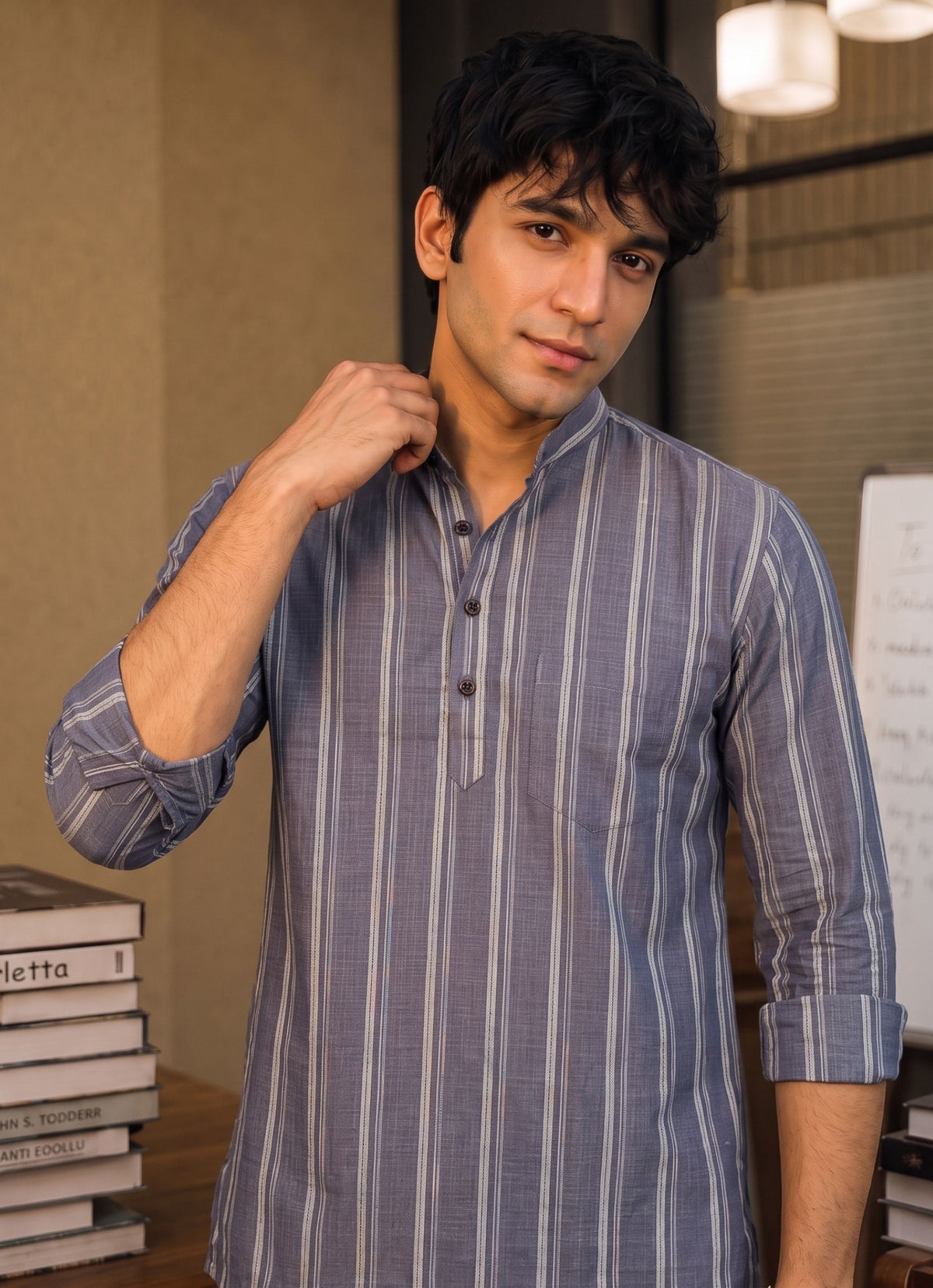 Elegant Linen Stripes – Men's Short Kurta