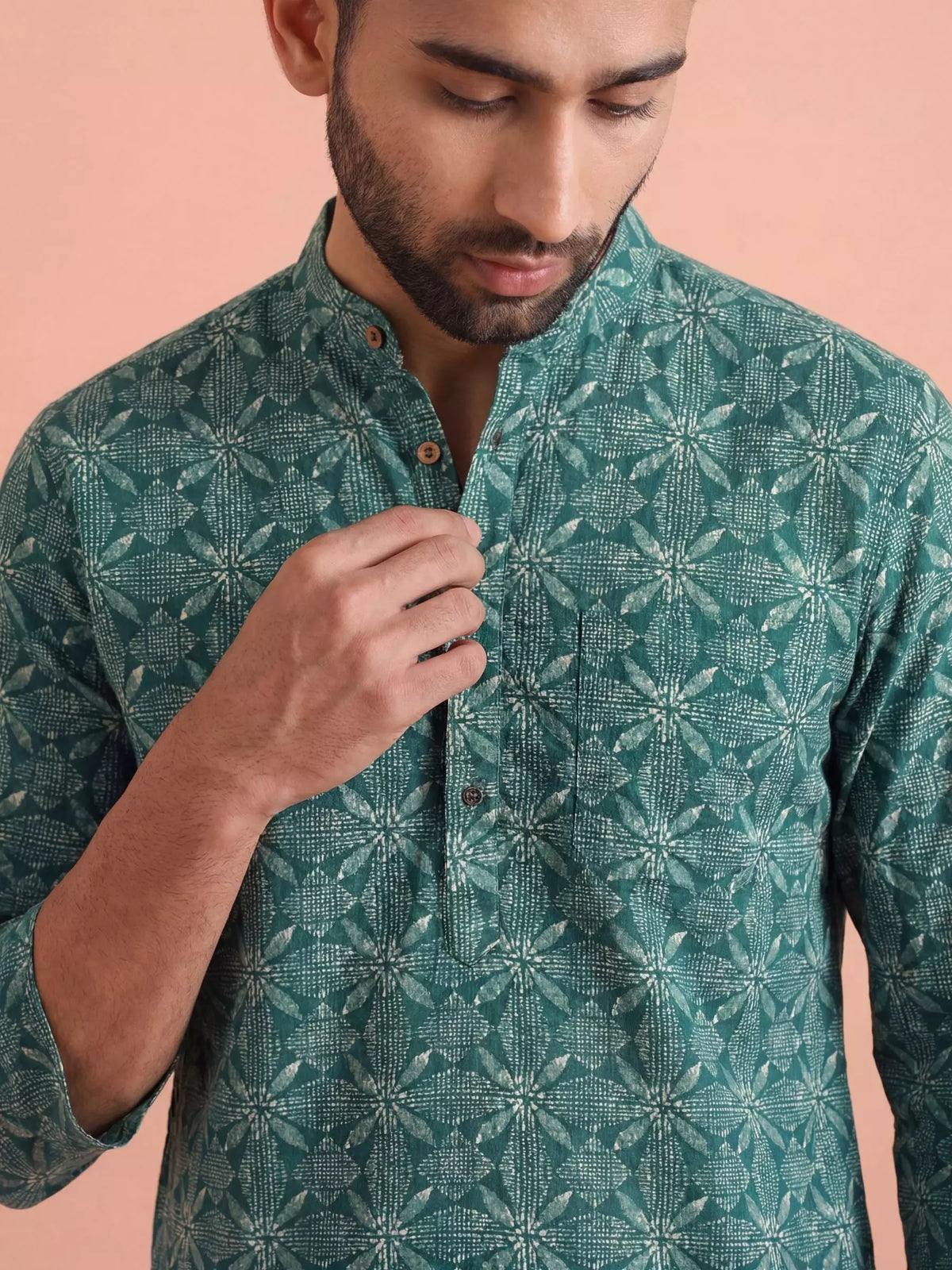 Geometric Charm – Printed Cotton Short Kurta in Teal & White