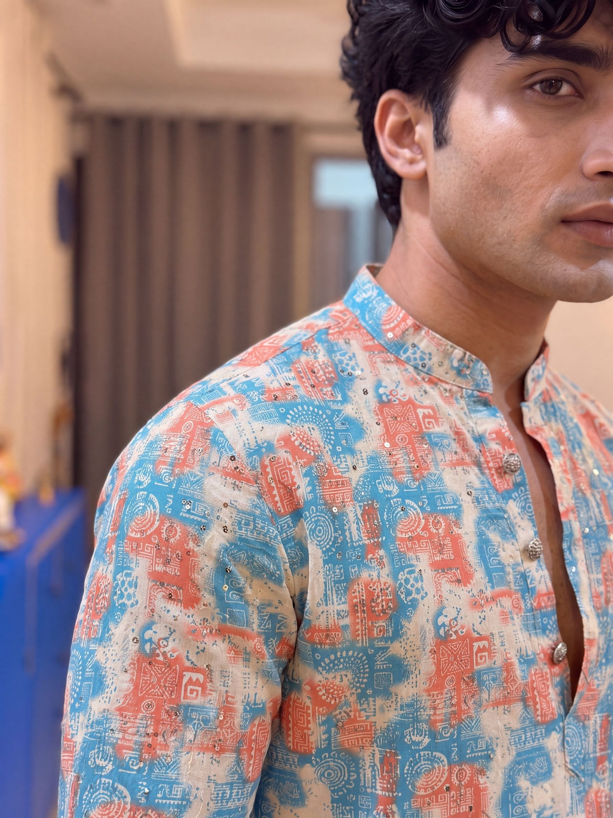 Sky Blue Geometric – Cotton Printed Long Kurta