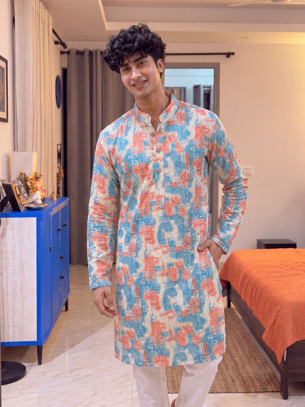 Sky Blue Geometric – Cotton Printed Long Kurta