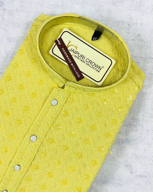 Lemon Yellow Square Lucknowi Kurta