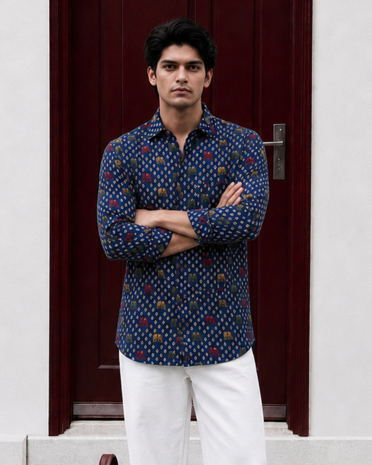 Elephant Charm – Printed Cotton Full Sleeve in Navy & Gold