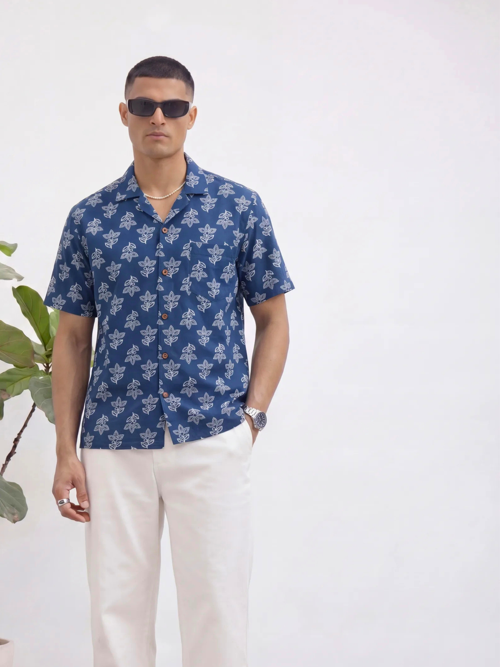 Navy Leaf Delight – Printed Cotton Half Sleeve Shirt