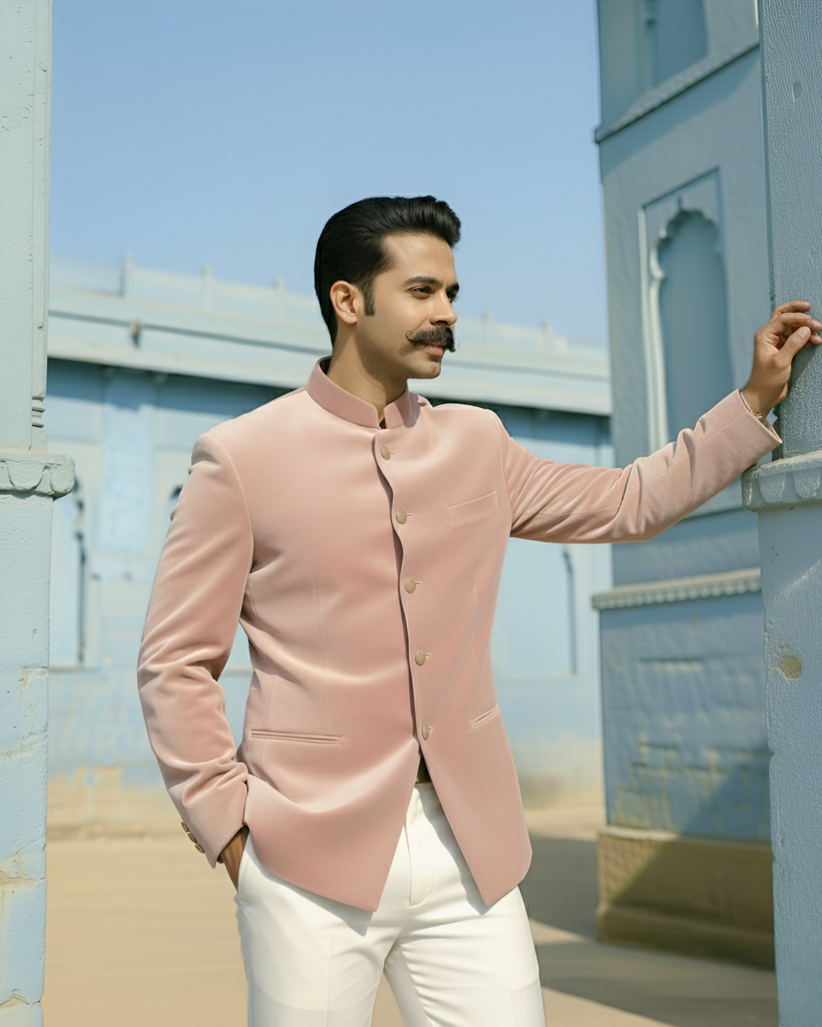 Velvet Jodhpuri Bandhgala- Peach