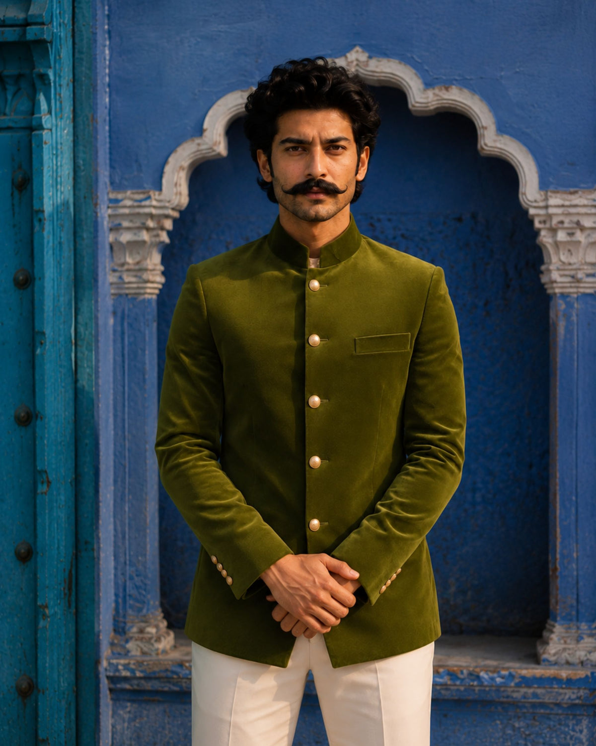 Velvet Jodhpuri Bandhgala- Mehandi Green