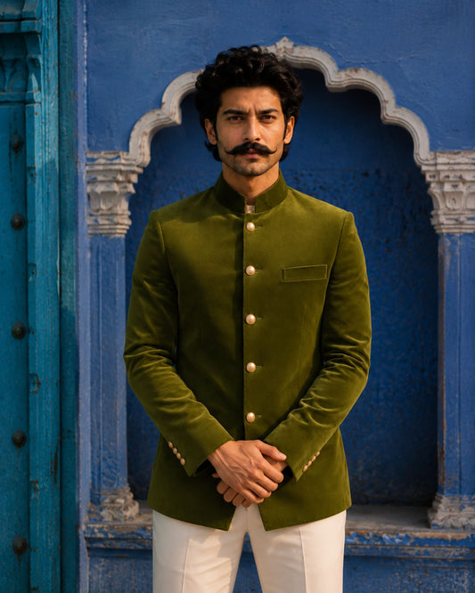Velvet Jodhpuri Bandhgala- Mehandi Green 1800