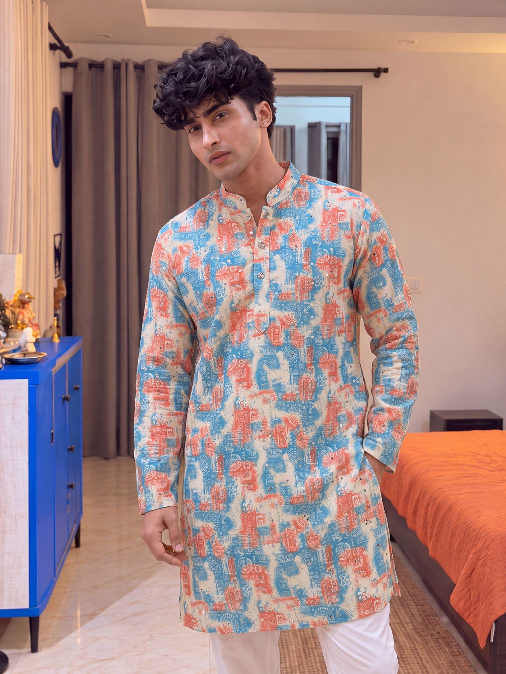 Sky Blue Geometric – Cotton Printed Long Kurta