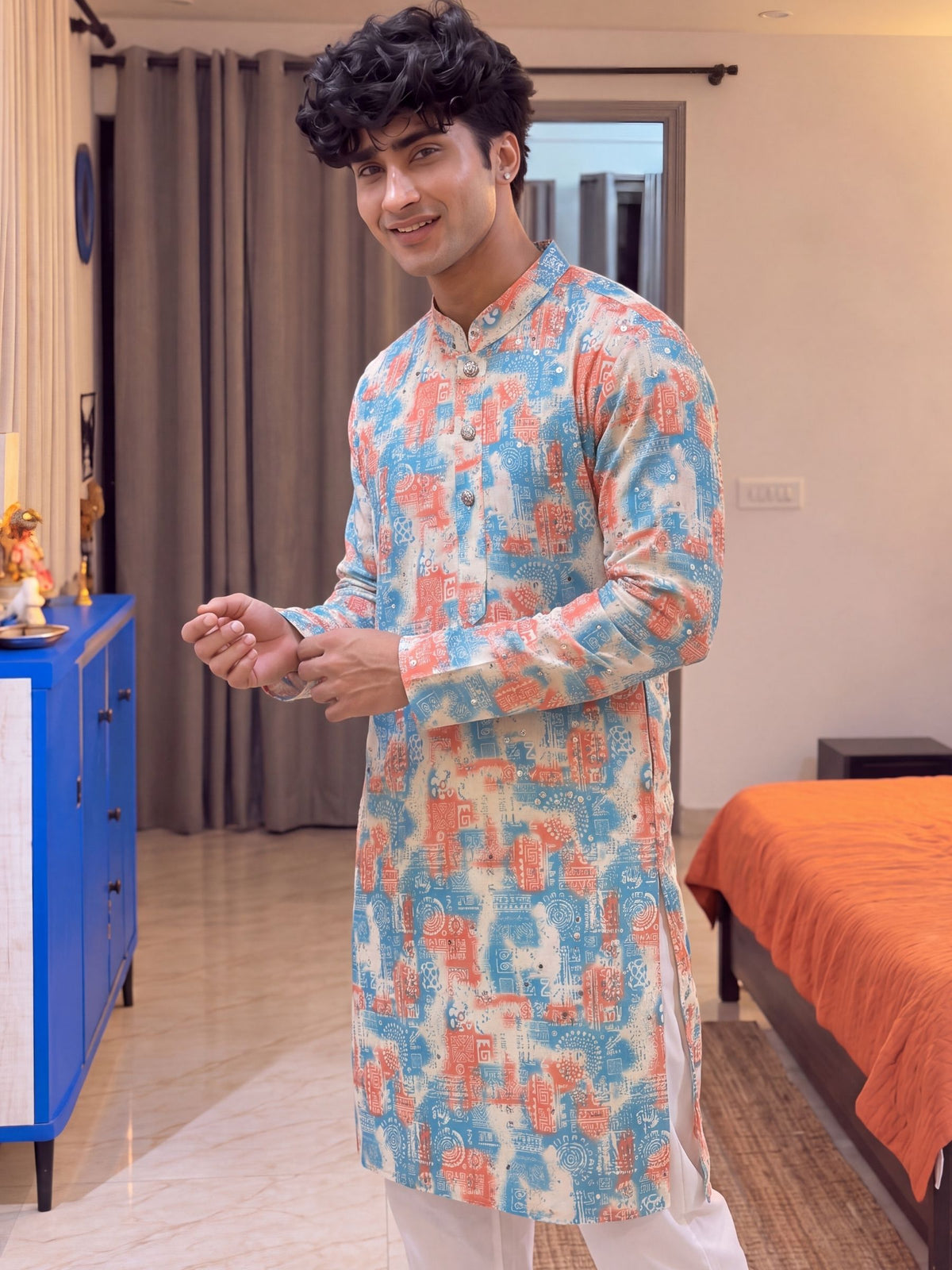 Sky Blue Geometric – Cotton Printed Long Kurta