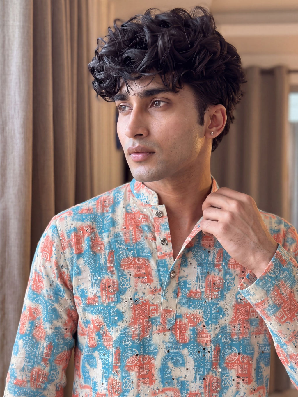 Sky Blue Geometric – Cotton Printed Long Kurta