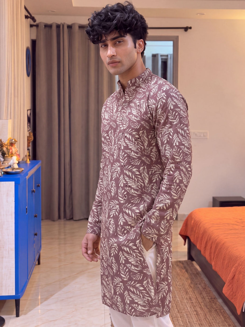 Dusty Rose Leaf Print – Cotton Printed Long Kurta
