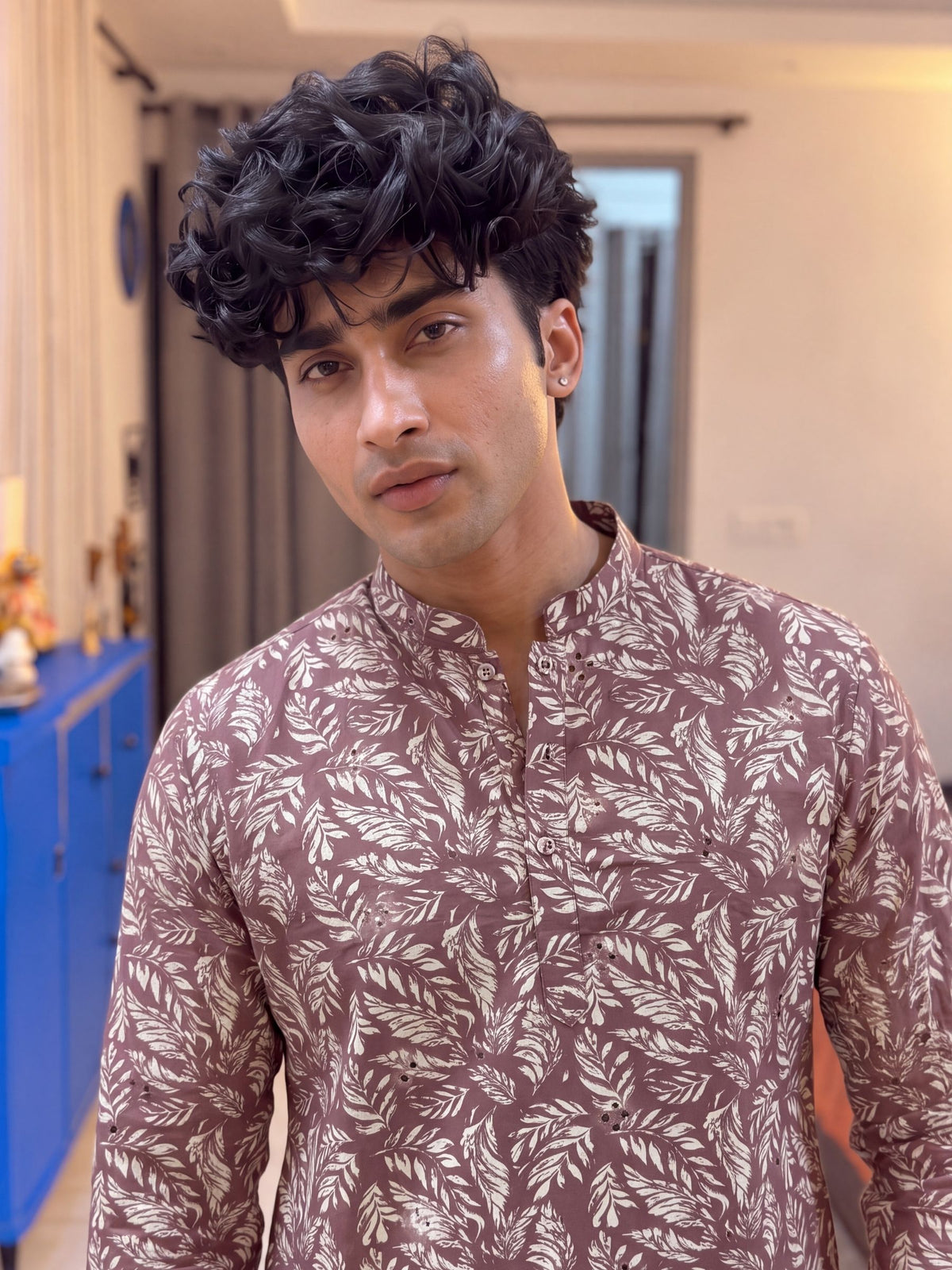 Dusty Rose Leaf Print – Cotton Printed Long Kurta