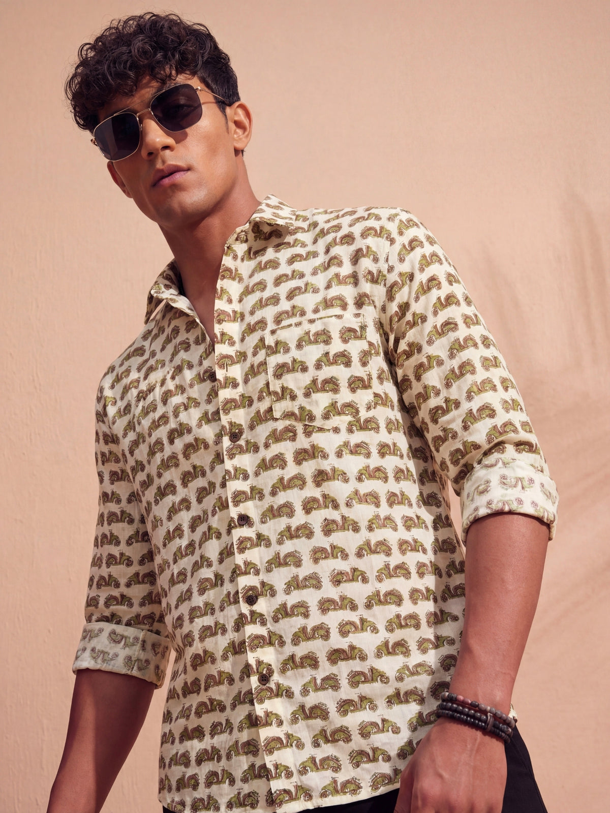 Scooter Style – Printed Cotton Full Sleeve in Cream & Green