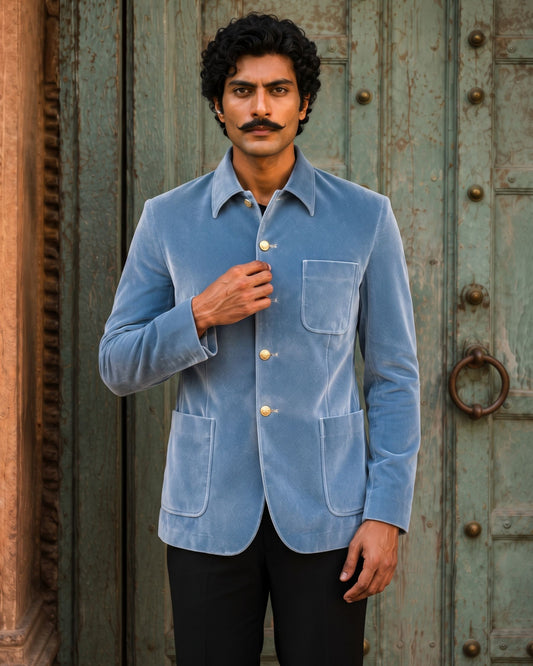 Velvet Modern Collor Jodhpuri - Ice Blue 1800